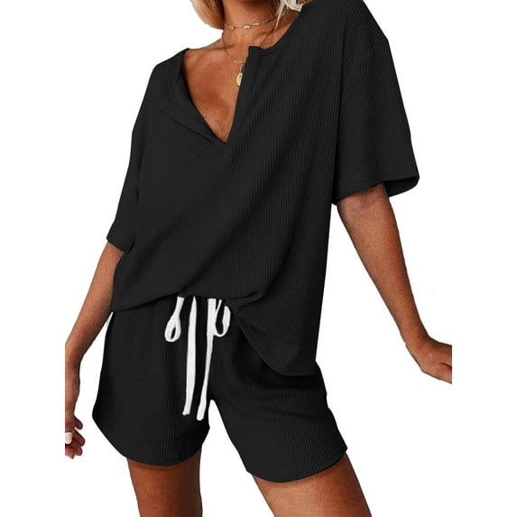 Weardear Women's Two Piece Outfits V Neck Batwing Short Sleeve Shirts and High Waist Shorts Lounge Sets