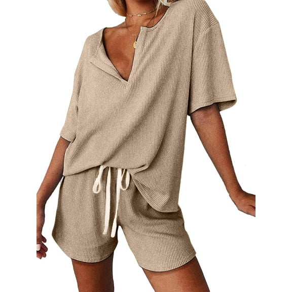 Weardear Women's Two Piece Outfits V Neck Batwing Short Sleeve Shirts and High Waist Shorts Lounge Sets