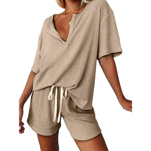 Weardear Women's Two Piece Outfits V Neck Batwing Short Sleeve Shirts and High Waist Shorts Lounge Sets