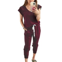 Weardear Women's Two Piece Tracksuit V Neck Short Sleeve Tops Long Pants With Drawstring Outfits Jogger Sets