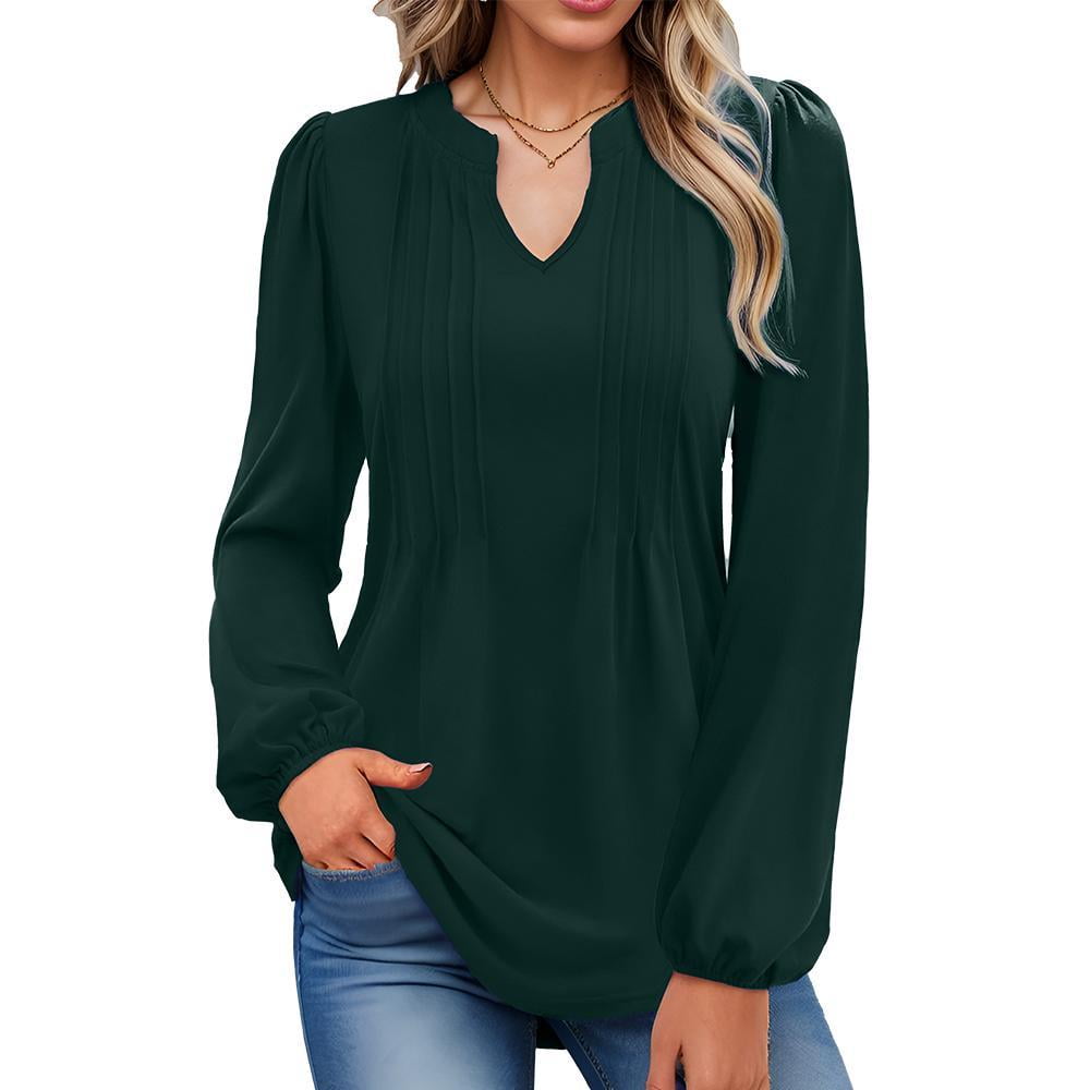 Weardear Women's V Neck Puff Long Sleeve T Shirts Pleated Loose Tunic