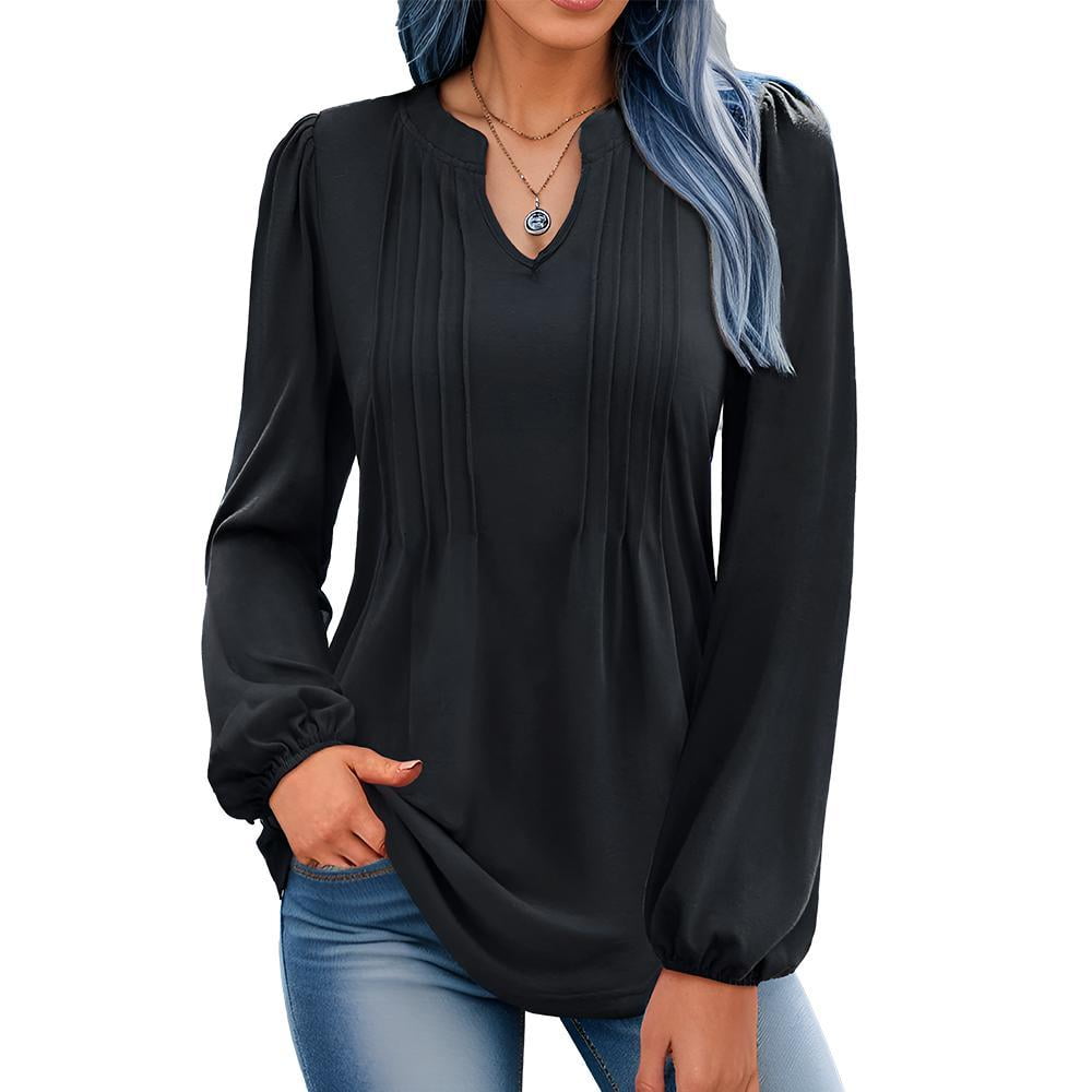 Weardear Women's V Neck Puff Long Sleeve T Shirts Pleated Loose Tunic