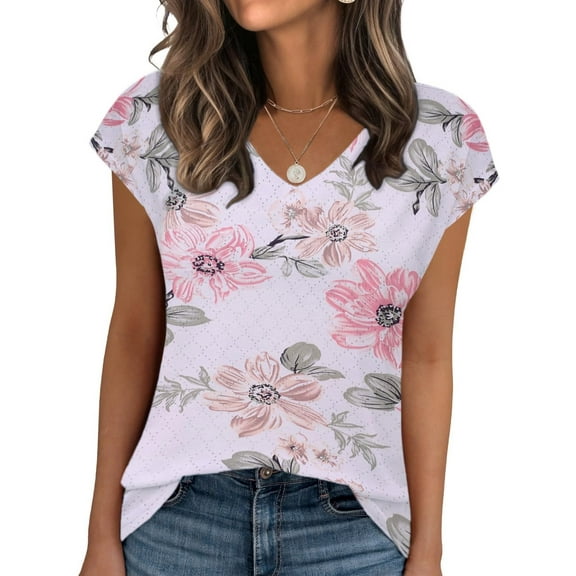 Weardear Women's V Neck T Shirts Eyelet Tank Top Cap Sleeve Summer Casual Blouses, S-XXL