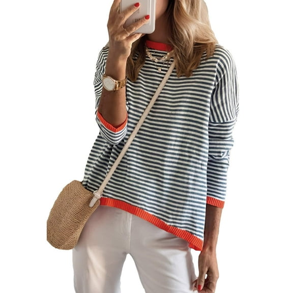 Weardear Womens 2025 Long Sleeve Sweaters Casual Crewneck Striped Color Block Shirts High Low Cotton Pullover Jumpers Tops
