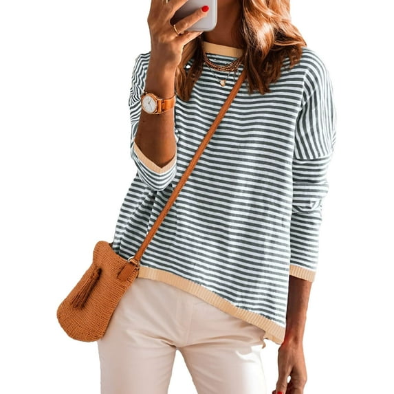 Weardear Womens 2025 Long Sleeve Sweaters Casual Crewneck Striped Color Block Shirts High Low Cotton Pullover Jumpers Tops