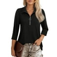 thumbnail image 1 of Weardear Womens 3/4 Sleeve Tops Dressy Casual Summer Polo Shirts Zipper Collar V Neck Work Blouses, 1 of 5