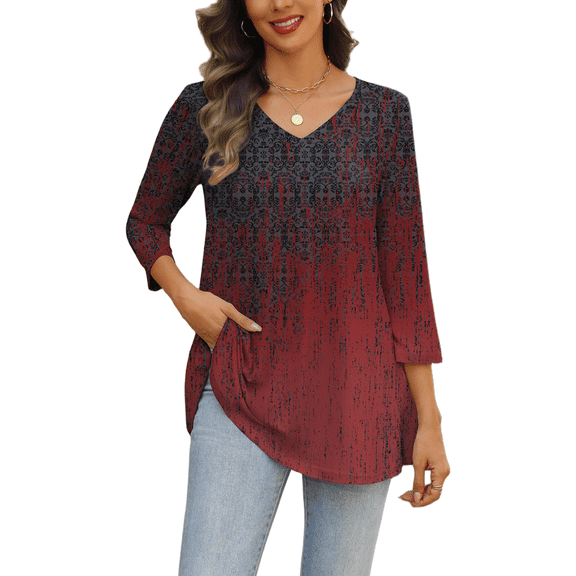 Weardear Womens V Neck 3/4 Sleeve Dressy Blouses Casual Loose Fit Tunic Tops Boho Business Blouses
