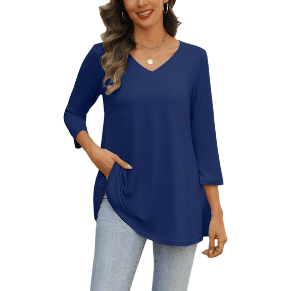 Weardear Womens V Neck 3/4 Sleeve Dressy Blouses Casual Loose Fit Tunic Tops Boho Business Blouses