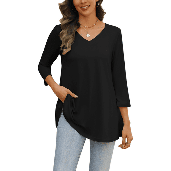 Weardear Womens V Neck 3/4 Sleeve Dressy Blouses Casual Loose Fit Tunic Tops Boho Business Blouses