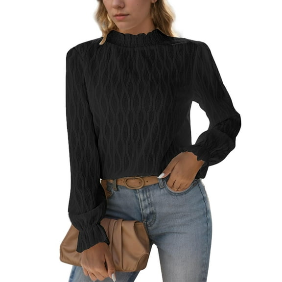 Weardear Womens Blouse Dressy Casual Mock Neck Textured Flounce Sleeve Tops Frenchy Shirred Shirts Business Work Pullovers