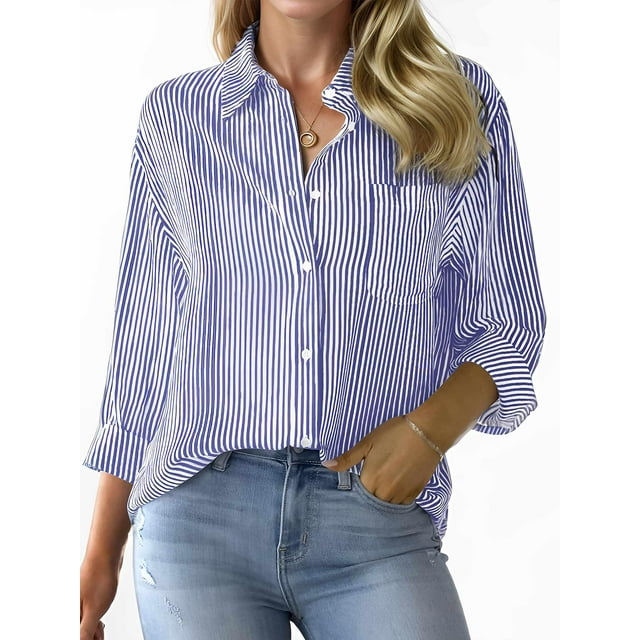 Weardear Womens Button Down Shirts Striped Classic Long Sleeve Collared ...