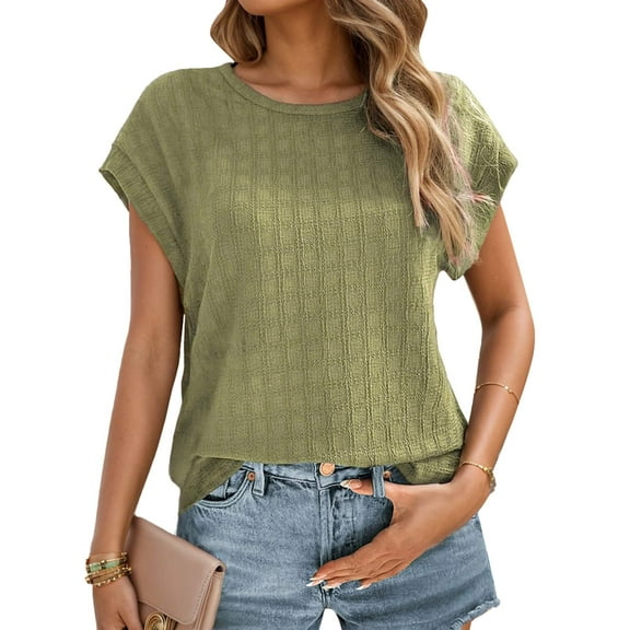 Weardear Womens Casual Tops Cap Short Sleeve T Shirt Round Neck Textured Fall Basic Shirt