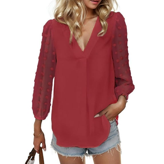 Weardear Womens Chiffon Blouse Swiss Dot Tops V Neck Casual Loose Pleated Shirts Pom Pom Tops