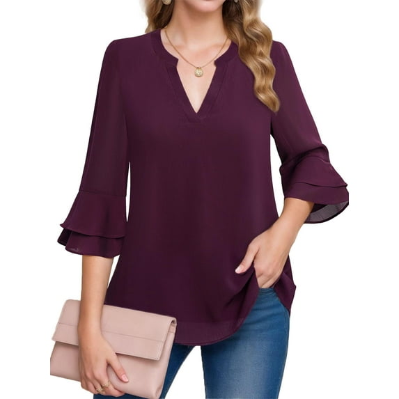 Weaedear 3/4 Sleeve Tops for Women Dressy Casual V Neck Chiffon Blouse Work Shirts