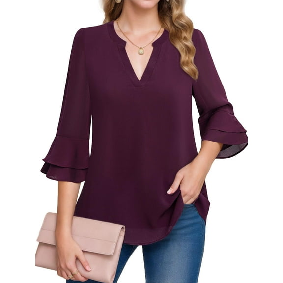 Weaedear 3/4 Sleeve Tops for Women Dressy Casual V Neck Chiffon Blouse Work Shirts