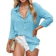 thumbnail image 1 of Weardear Womens Cotton Linen Shirt V Neck Roll up Sleeve Button Down Blouses Top with Front Pocket, 1 of 6