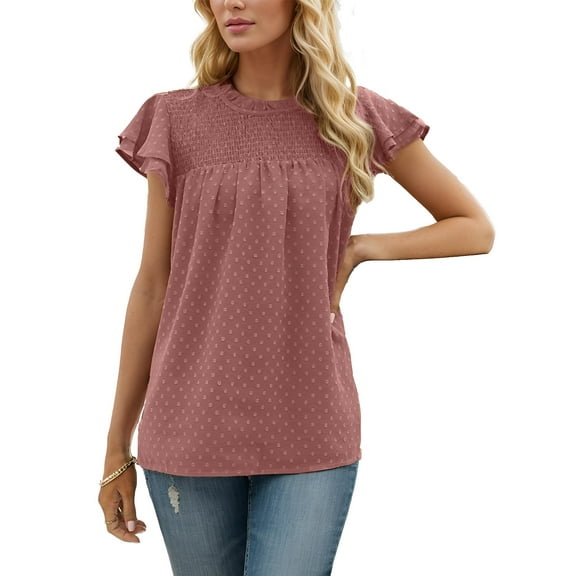 Weardear Womens Crewneck Tops Lace Crochet Pom Pom Shirt Flowy Short Sleeve Casual Shirts Blouses Tops