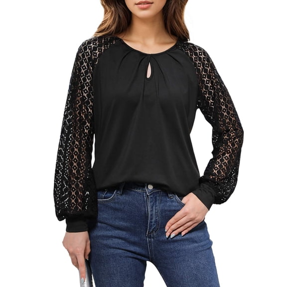 Weardear Womens Dressy Casual Lace Tops Long Sleeve Pleated Keyhole Shirts Business Work Fall Blouse