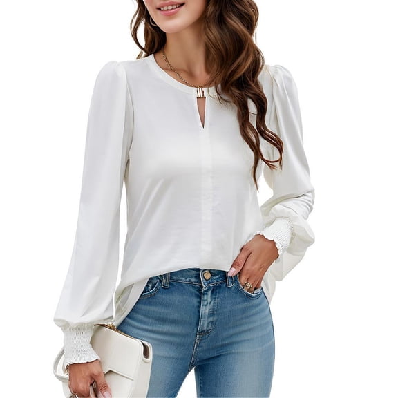 Weardear Womens Dressy Tops Puff Sleeve Casual Tunic Tops V Neck Keyhole Shirt Pleated Work Blouses 2024 Fall Clothes