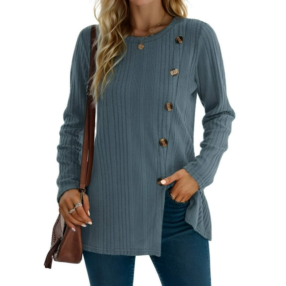 Weardear Womens Fall Crew Neck Pullover Sweaters Front Slit Long Sleeve Tunic Tops with Decorative Buttons