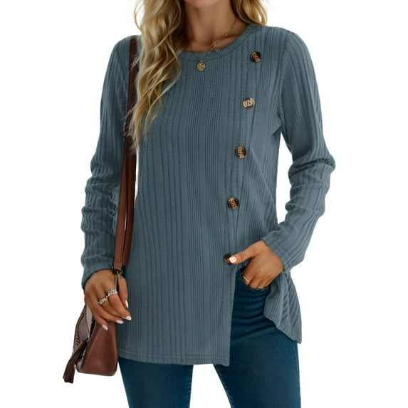 Weardear Womens Fall Crew Neck Pullover Sweaters Front Slit Long Sleeve Tunic Tops with Decorative Buttons