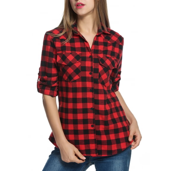 Weardear Womens Flannel Shirts Long/Roll Up Sleeve Collared Button Down Plaid Shirt Casual Work Tops