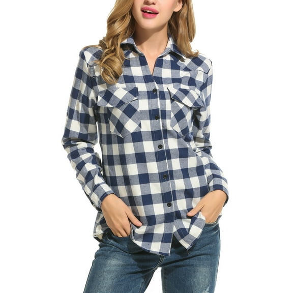 Weardear Womens Flannel Shirts Long/Roll Up Sleeve Collared Button Down Plaid Shirt Casual Work Tops