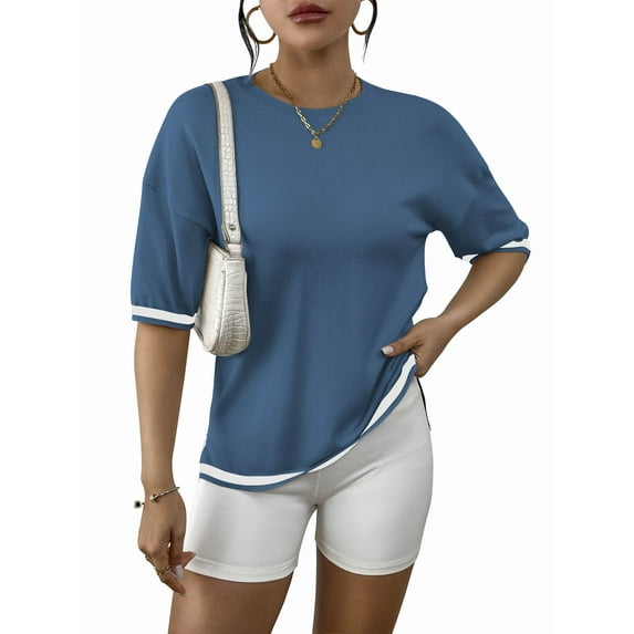 Weardear Womens Knit Short Sleeve Summer Tops Solid Color Pullover Sweater Basic Crew Neck Casual Blouses