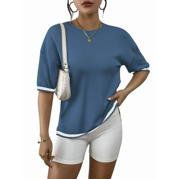 Weardear Womens Knit Short Sleeve Summer Tops Solid Color Pullover Sweater Basic Crew Neck Casual Blouses