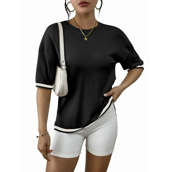 Weardear Womens Knit Short Sleeve Summer Tops Solid Color Pullover Sweater Basic Crew Neck Casual Blouses