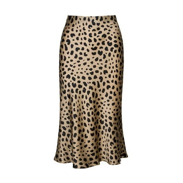 Weardear Womens Leopard Print Skirt Midi Long Length Silk Satin High Waist Skirt