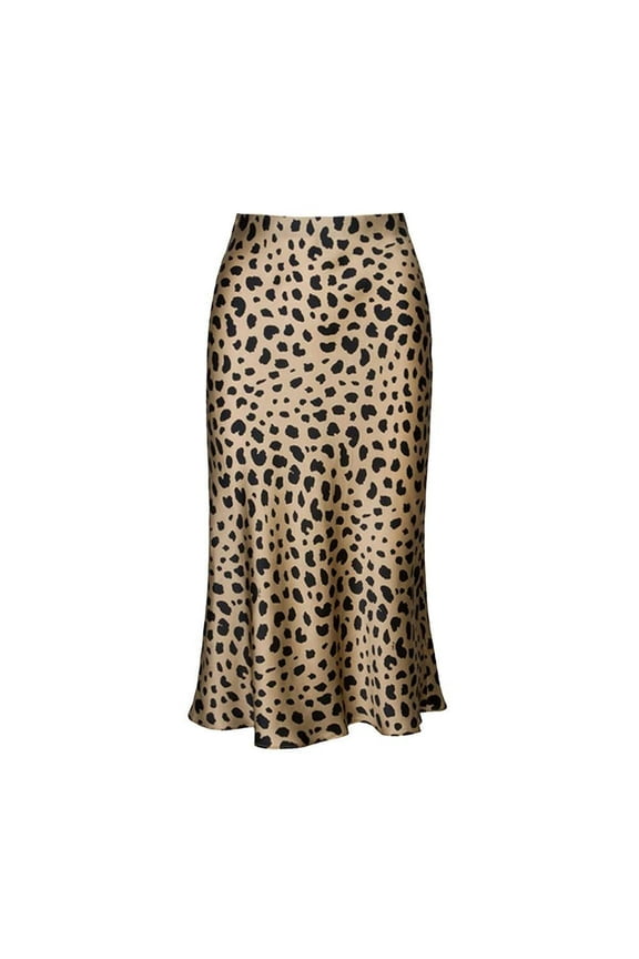 Womens Leopard Print Skirt Midi Long Length Silk Satin High Waist Skirt