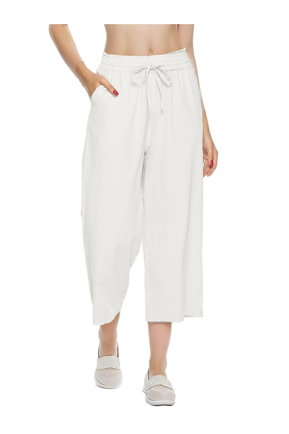 Womens Linen Pants High Waisted Wide Leg Drawstring Pants Casual Loose Trousers with Pockets