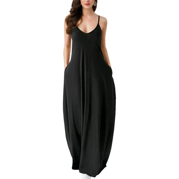 Weardear Womens Maxi Dress Casual Sleeveless Dress V Neck Spaghetti Strap Long Flowy Dress Summer Beach Sundress with Pocket