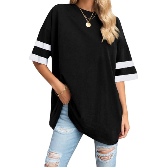 Weardear Womens Oversized Tees Loose T Shirts Half Sleeve Crew Neck Color Block Cotton Tunic Tops