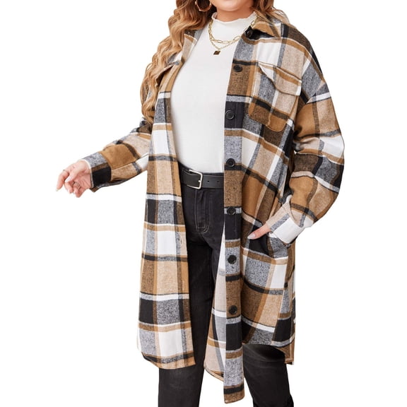 Weardear Womens Plus Size Flannel Plaid Shirts Button Down Long Shacket with Pockets