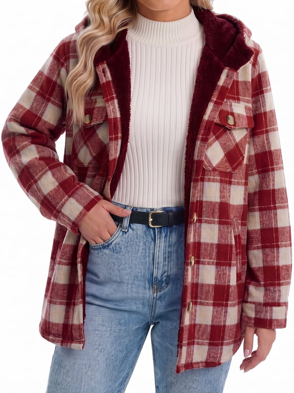 Womens Plus Size Plaid Jacket Button Down Hooded Fleece Jackets Fall Winter Coat with Pockets