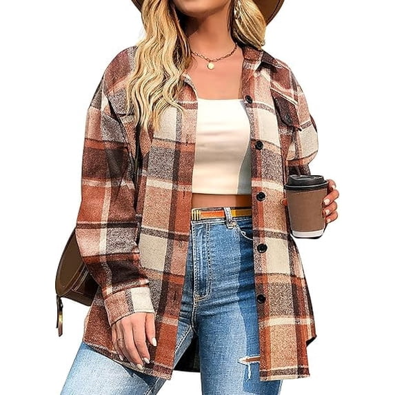 Weardear Womens Plus Size Shacket Jacket Flannel Plaid Long Sleeve Button Down Shirts Casual Fall Blouses Tops