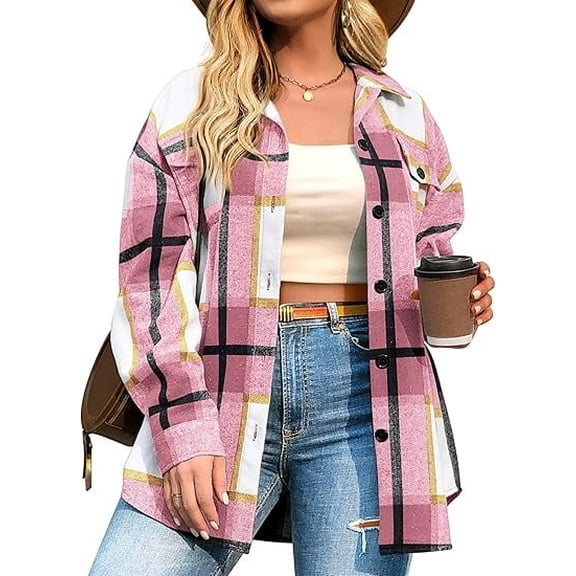 Weardear Womens Plus Size Shacket Jacket Flannel Plaid Long Sleeve Button Down Shirts Casual Fall Blouses Tops