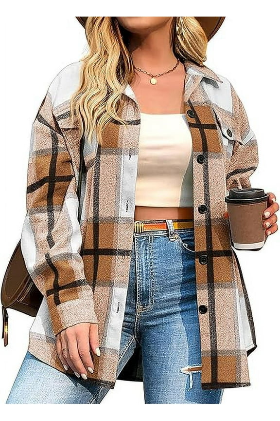Womens Plus Size Shacket Jacket Flannel Plaid Long Sleeve Button Down Shirts Casual Fall Blouses Tops