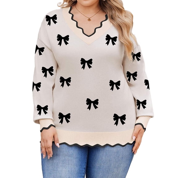 Weardear Plus Size Sweaters for Women Wave Trim V Neck Long Sleeve Knit Tops Fall Outfits