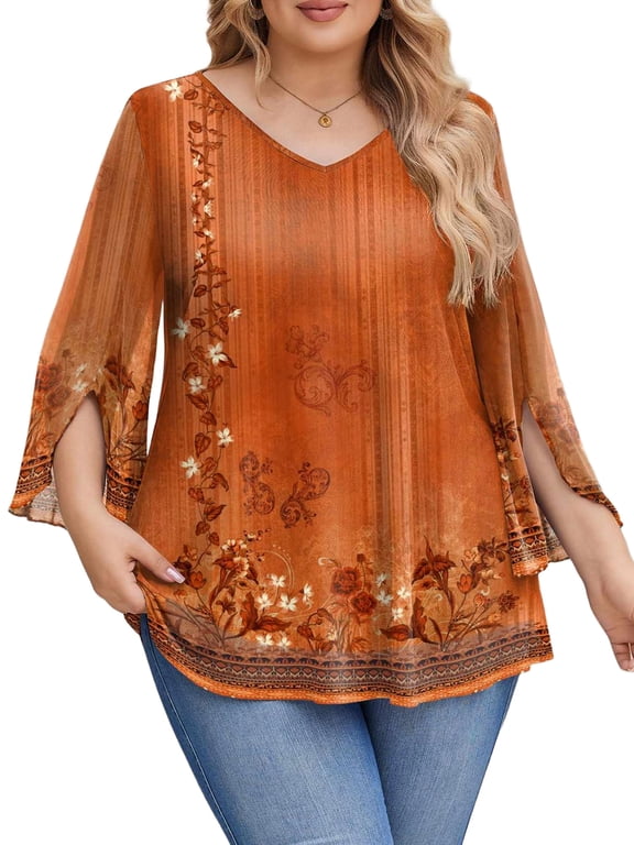 Plus Size Tops for Women Double Layers Mesh 3/4 Sleeve Shirts V Neck Flowy Blouses