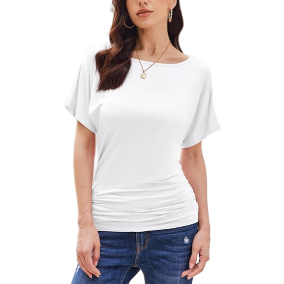 Weardear Womens Ruched Tops Dolman Short Sleeve Shirts Casual T Shirts Boat Neck Summer Off Shoulder Batwing Tops