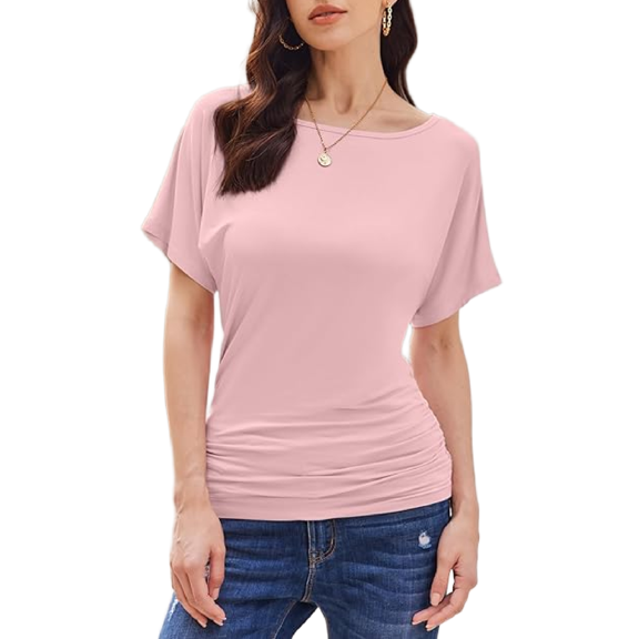 Weardear Womens Ruched Tops Dolman Short Sleeve Shirts Casual T Shirts Boat Neck Summer Off Shoulder Batwing Tops