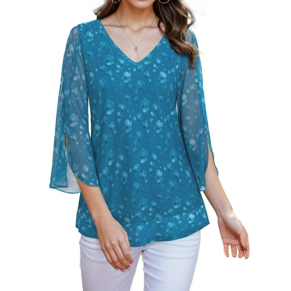 Weardear Womens Ruffle 3/4 Sleeve Tops V Neck Blouse Double Layers Mesh Blouses Loose Fit Flowy Tunic Tops