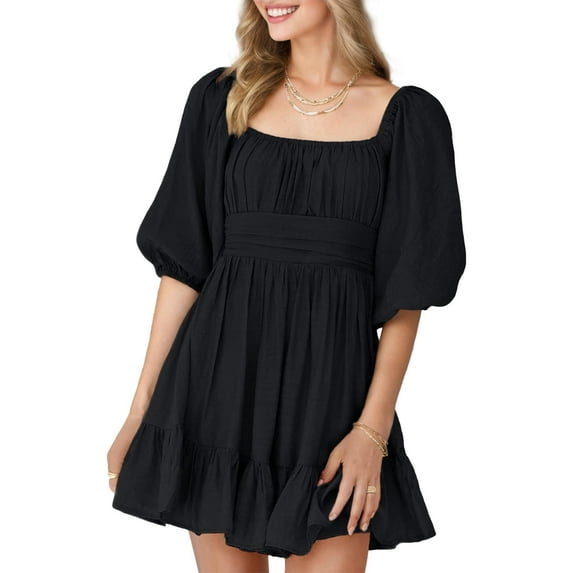 Weardear Womens Ruffle Tie Back A-Line Dress Summer Lantern Sleeve Dress Square Neck Elastic Waist Short Mini Dress