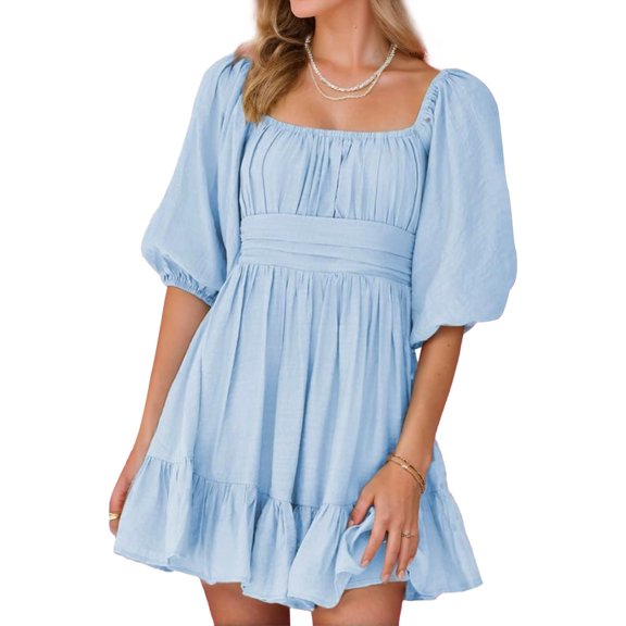 Weardear Womens Ruffle Tie Back A-Line Dress Summer Lantern Sleeve Dress Square Neck Elastic Waist Short Mini Dress