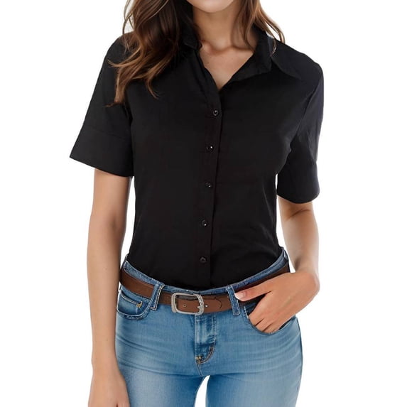 Weardear Women's Black Button Down Shirts Short sleeve Blouse Dressy Casual Summer Work Tops