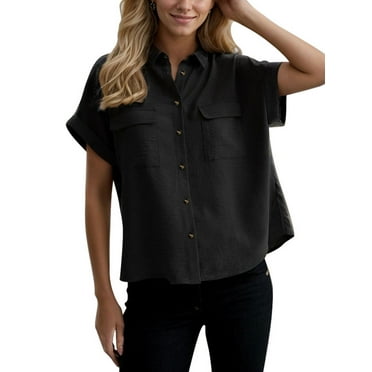 Weardear Womens Short Sleeve Shirts V Neck Collared Button Down Shirt Tops with Pockets