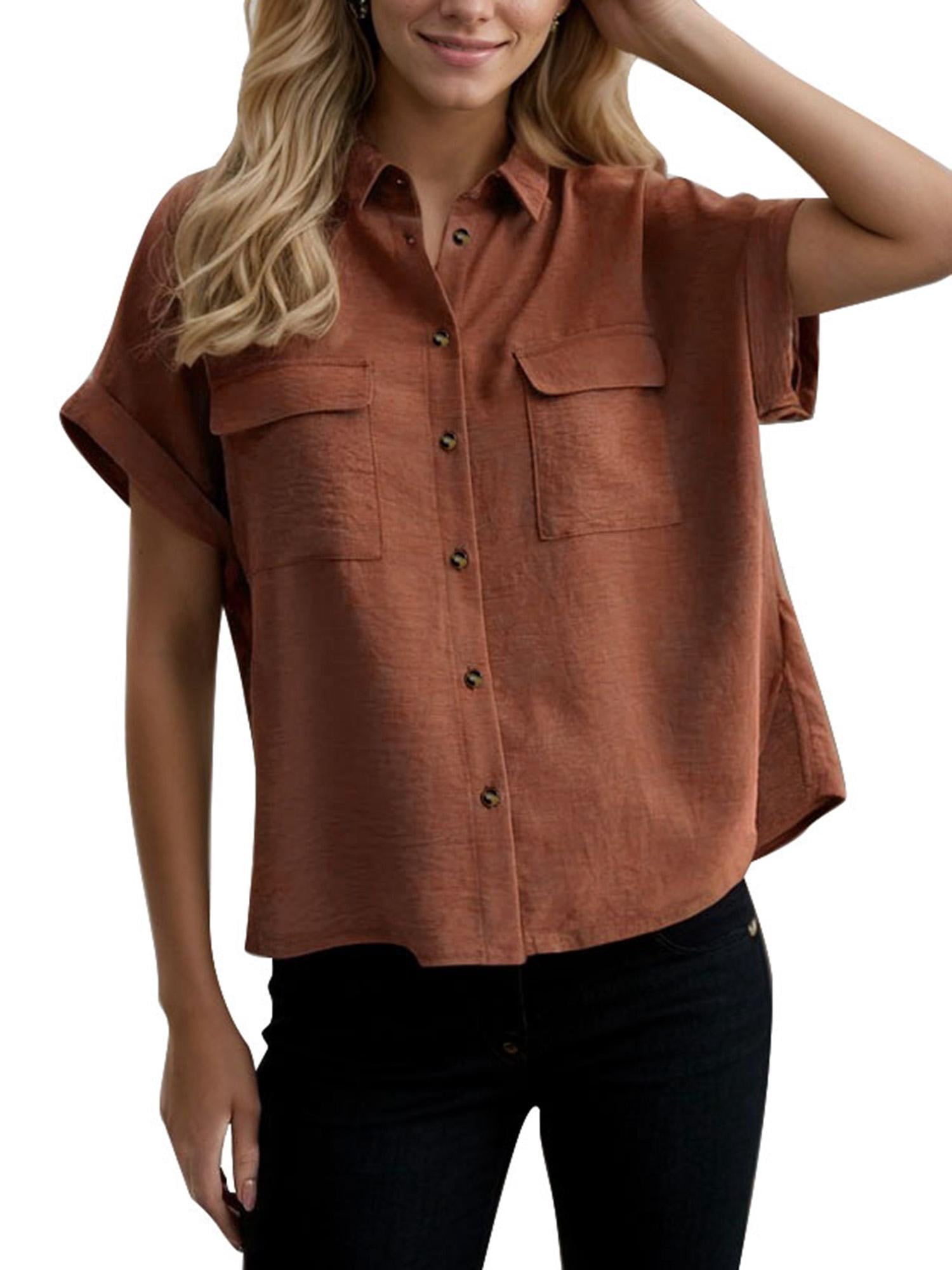 Weardear Womens Short Sleeve Shirts V Neck Collared Button Down Shirt ...